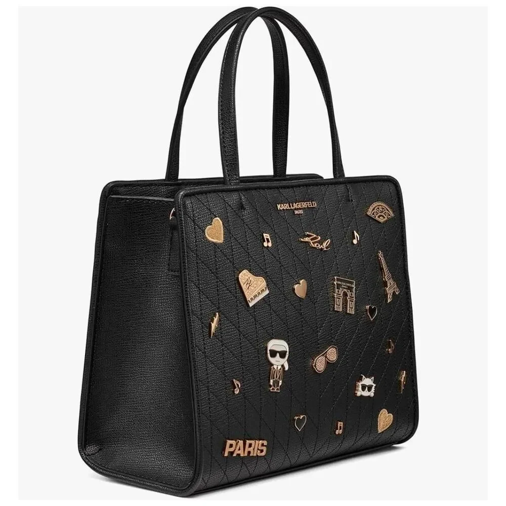 NWT~KARL LAGERFELD Women's Black/Gold Maybelle Pins Satchel Handbag Purse